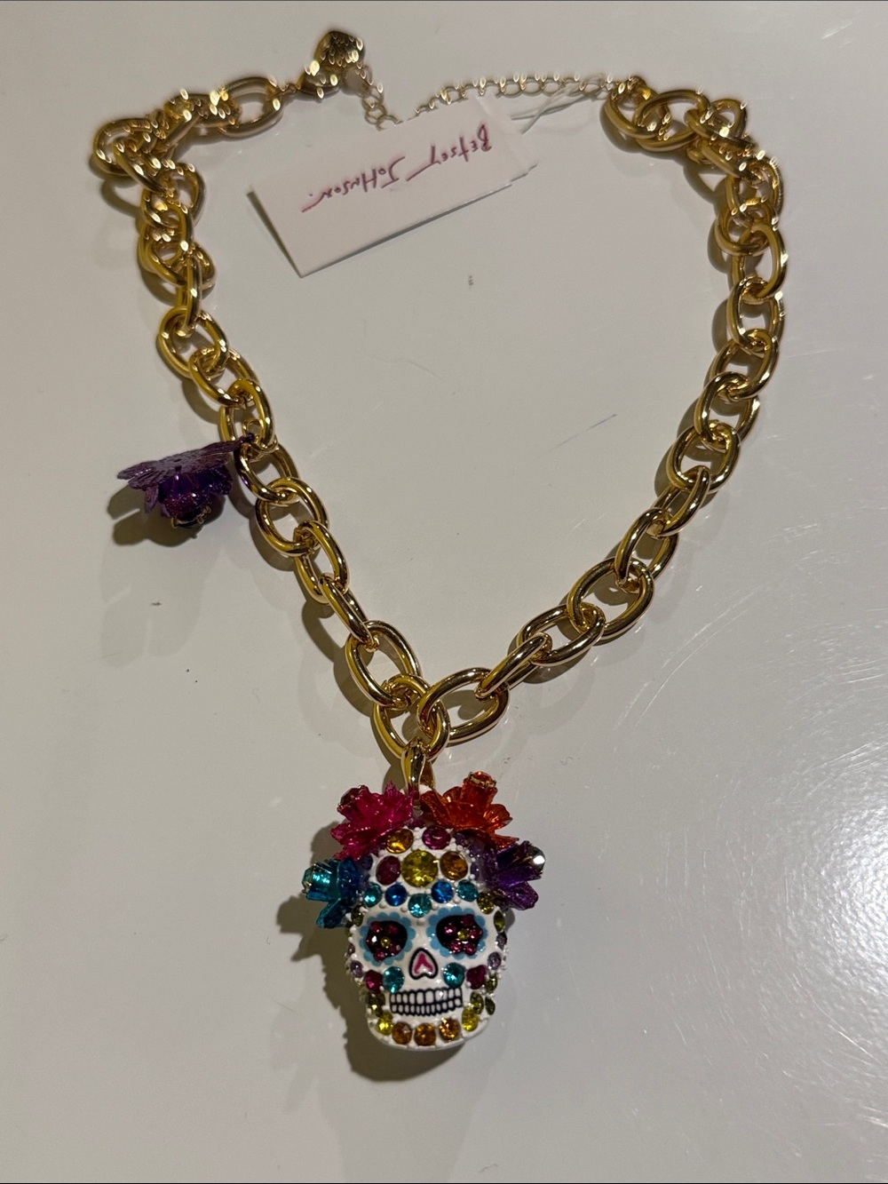 Betsey Johnson Gold-Tone Chain Necklace with Multicolor Crystal Sugar Skull